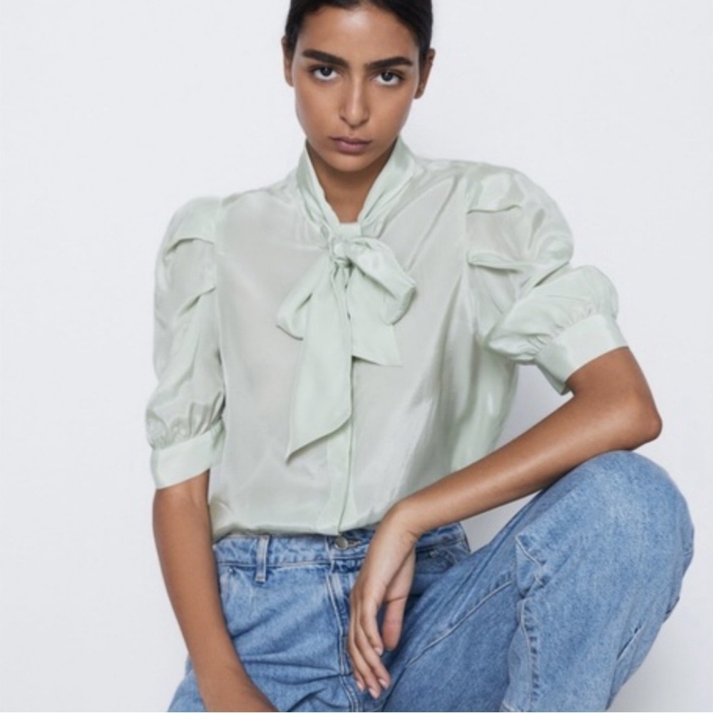Zara| Women’s Sea Green Mint Tied Satin Blouse-Size S
